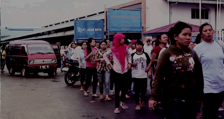 Female workers on their way to work