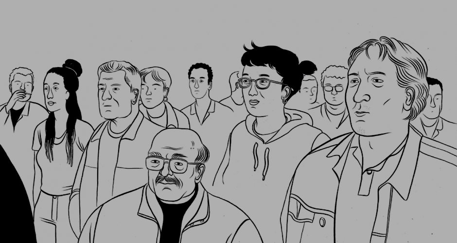 12 people stand and look in the same direction