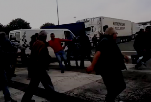 Delivery van driving into a crowd, 14 workers jumping and running away